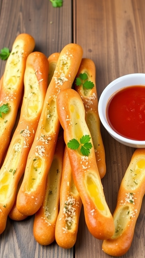 Quick Homemade Breadsticks Recipe Golden-brown homemade breadsticks brushed with butter and herbs, served with marinara sauce.